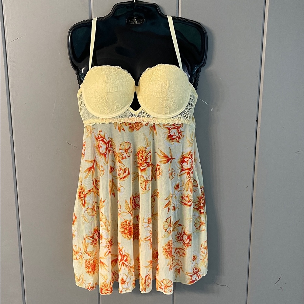 Yellow Lace Bodice Nightgown Orange Floral Romantic Whimsical Fairy Bohemian